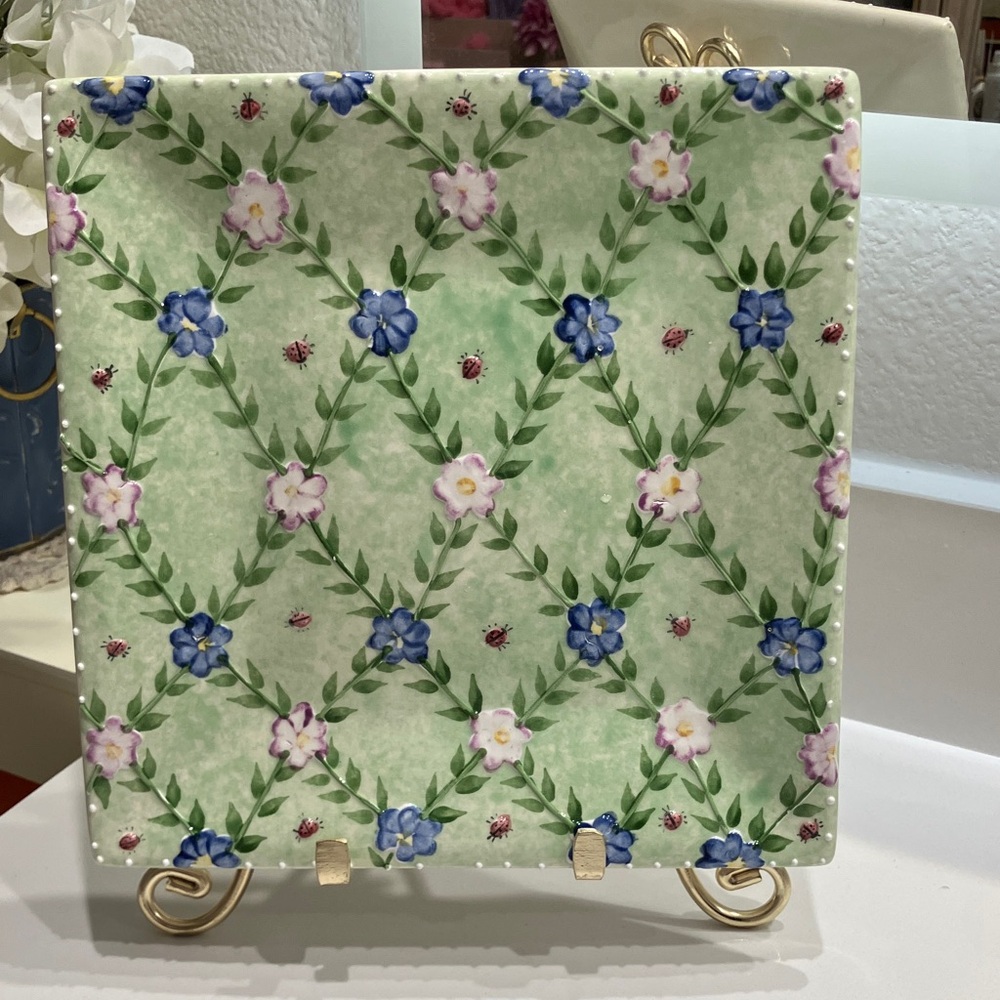 Vintage Floral Hand Painted Square Decorative Plate 9” x 9”